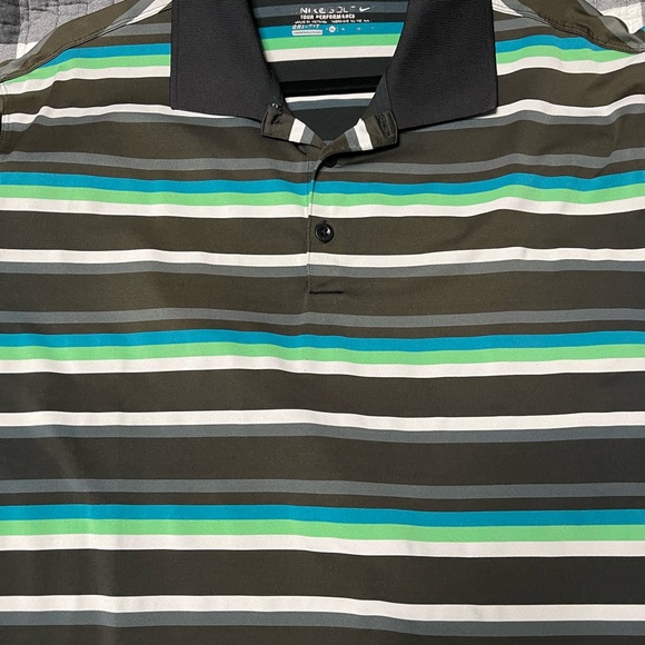 Nike Men's Polo Shirt - Black, Green, White, and Blue Stripes - Picture 1 of 2